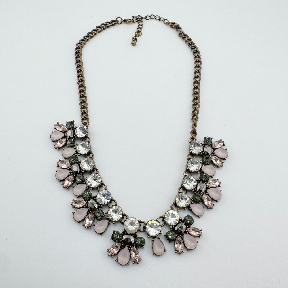 Vintage Statement Rhinestone Necklace Pink Grey Clear Crystal Floral Bib Chunky - Picture 6 of 10